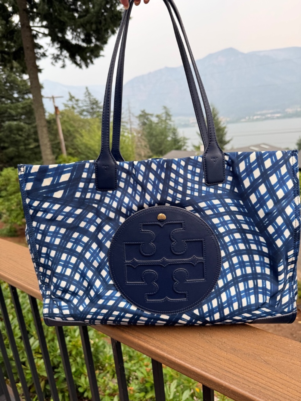 Tory Burch Ella Printed Tote in the navy warped gingham pattern